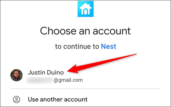 Aplicación Nest Seleccione su cuenta de Google