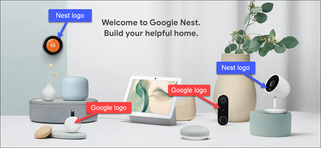 Productos de Google y Nest con rótulos que tienen logotipos de Nest y que tienen el de Google. 