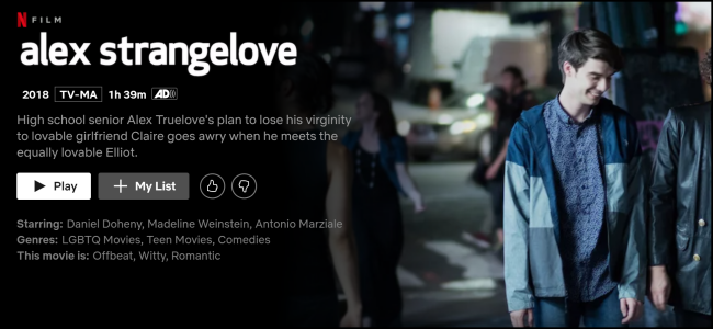 La página "Alex Strangelove" en Netflix.