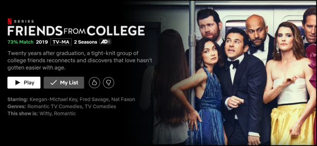 La página de visualización de "Amigos de la universidad" en Netflix.