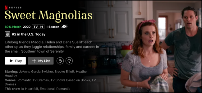 La página de visualización de "Sweet Magnolias" en Netflix.