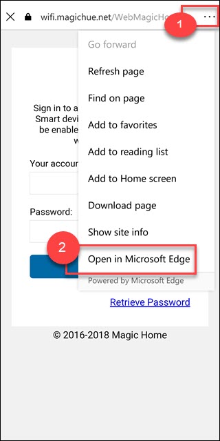 Página de configuración de cuenta con tres puntos y Abrir en Microsoft edge en un cuadro
