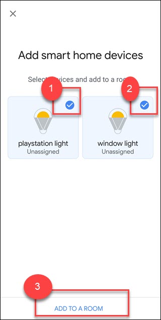 Cuadro de diálogo Agregar dispositivos domésticos inteligentes con dos luces y agregar a una habitación