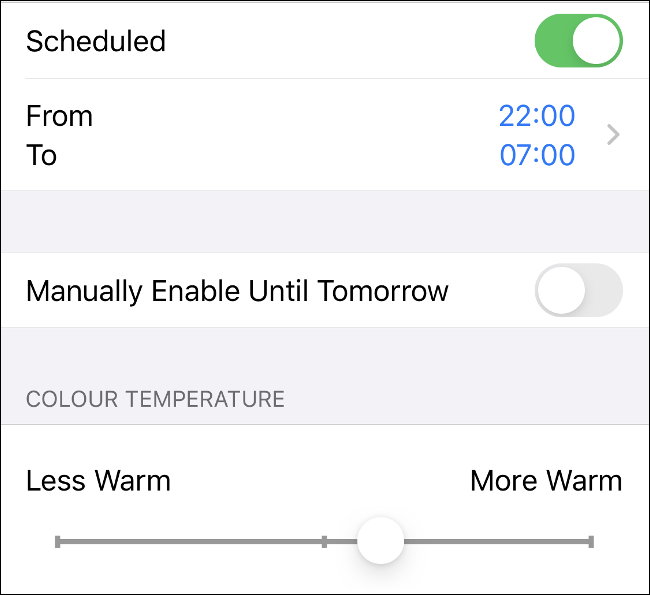 La configuración de "Turno de noche" en iOS.