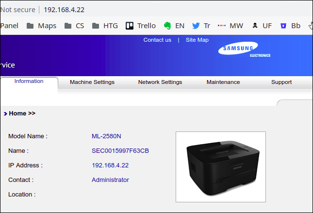 Servidor web integrado de la impresora Samsung en una ventana del navegador