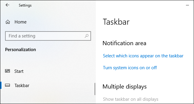 Opciones del área de notificación en la pantalla de configuración de la barra de tareas de Windows 10.