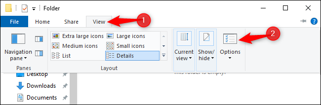 Abrir la ventana Opciones de carpeta desde el Explorador de archivos en Windows 10