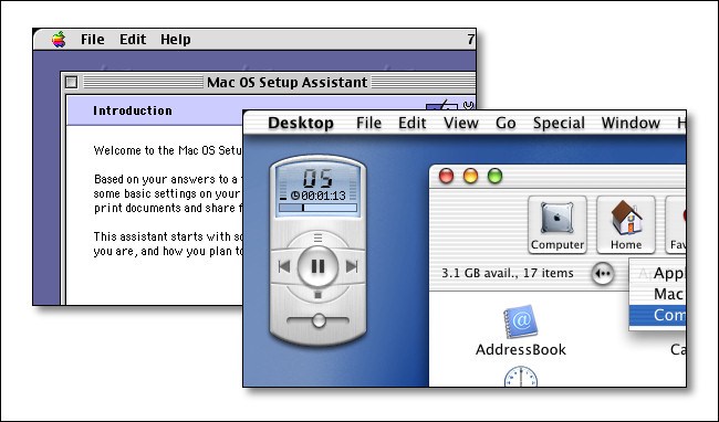Una interfaz de Apple Mac OS 9 y una interfaz de Mac OS X Public Beta.