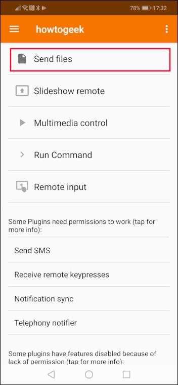 Opción de enviar archivos en KDE Connect