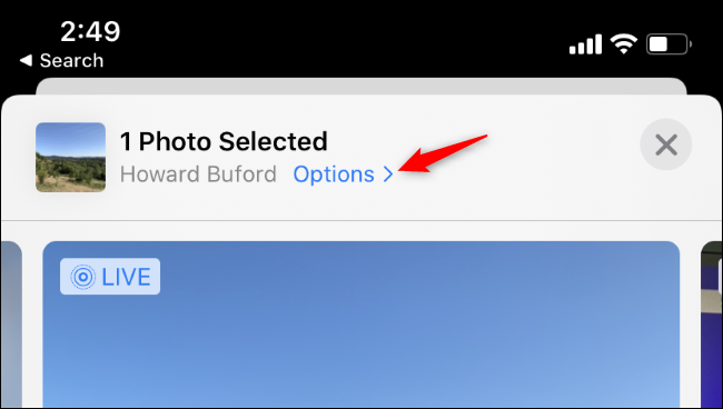 Acceder a las opciones de ubicación mientras comparte una foto en la aplicación Fotos del iPhone.
