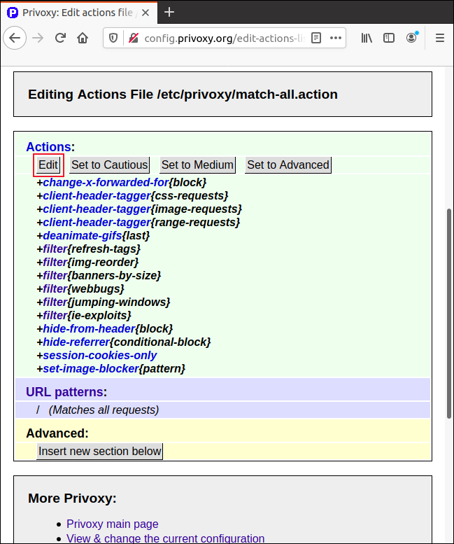 Haga clic en "Editar" en la página "Match-All.Action" en Firefox para ajustar los parámetros. 