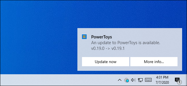 Un brindis de notificación para Microsoft PowerToys en Windows 10.