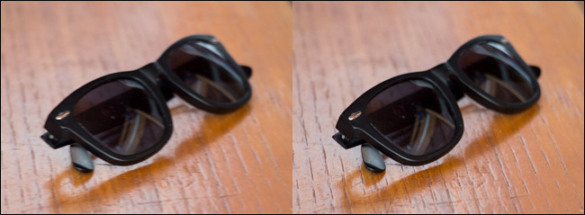 Dos imágenes de un par de gafas de sol en la mesa, una borrosa y otra clara.