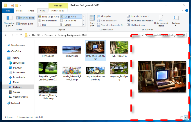 Ejemplo de panel de vista previa en el Explorador de archivos de Windows 10