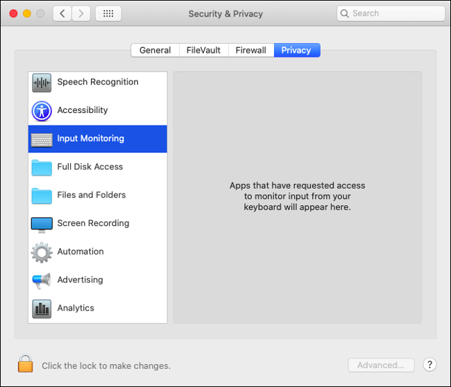 El menú "Monitorización de entrada" en la configuración de seguridad y privacidad en macOS Catalina.