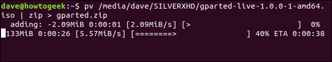 salida pv para crear un archivo zip en una ventana de terminal