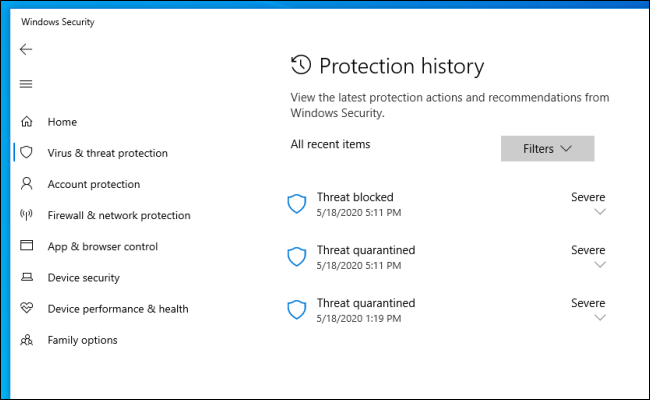 La lista del historial de protección en Seguridad de Windows en Windows 10