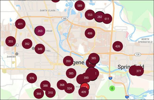 Mediciones de AQI en un mapa de PurpleAir para Eugene, Oregón.