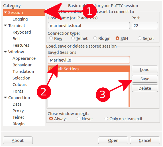 Guardar la configuración de PuTTY