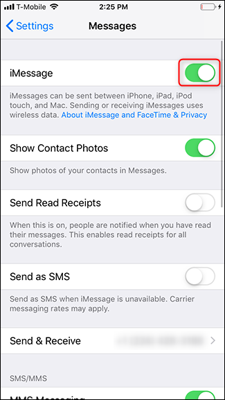 Desactive la palanca junto a iMessage.