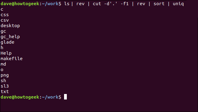 "ls | rev | cut -d '.'  -f1 | rev | sort | uniq "en una ventana de terminal.