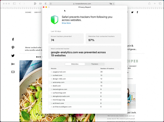 Informe de privacidad de Apple Safari en macOS 11.0 Big Sur
