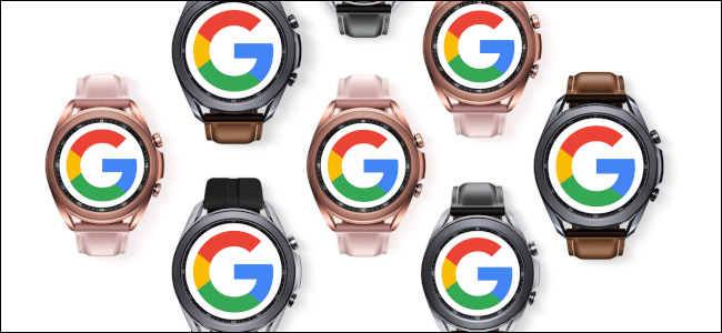 Siete relojes inteligentes Samsung Galaxy con el logo de Google en sus caras.