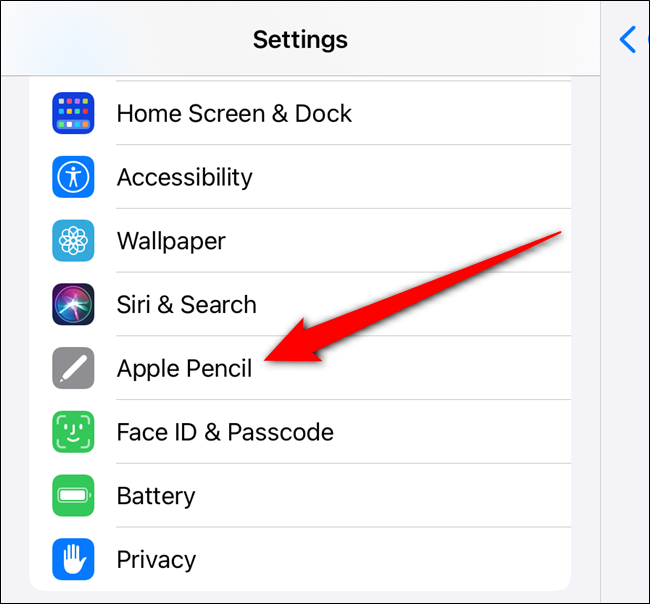 Desplácese hacia abajo y luego seleccione la opción "Apple Pencil" en el panel izquierdo