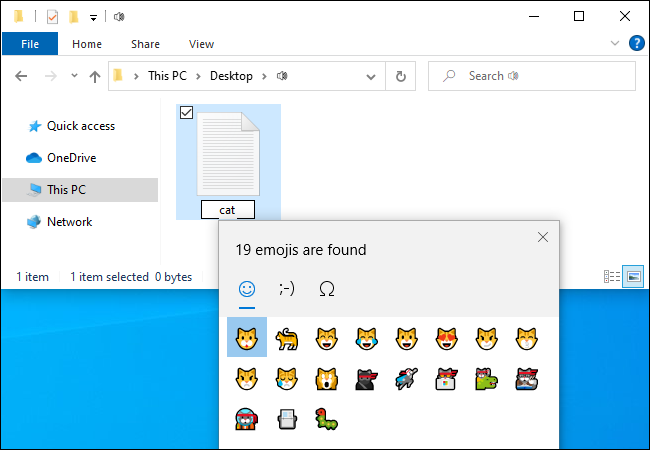 Buscando emoji de gato en Windows 10.