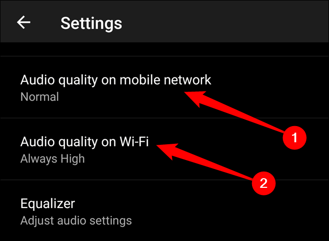 Elija la opción "Calidad de audio en red móvil" o "Calidad de audio en Wi-Fi"