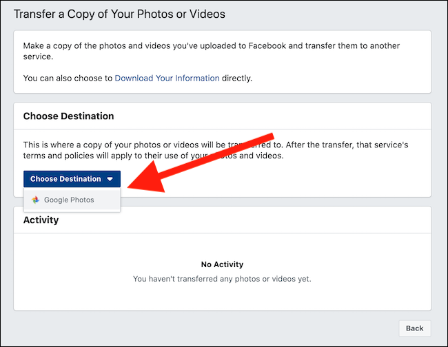 Seleccione el menú desplegable "Elegir destino" y luego haga clic en "Google Fotos".