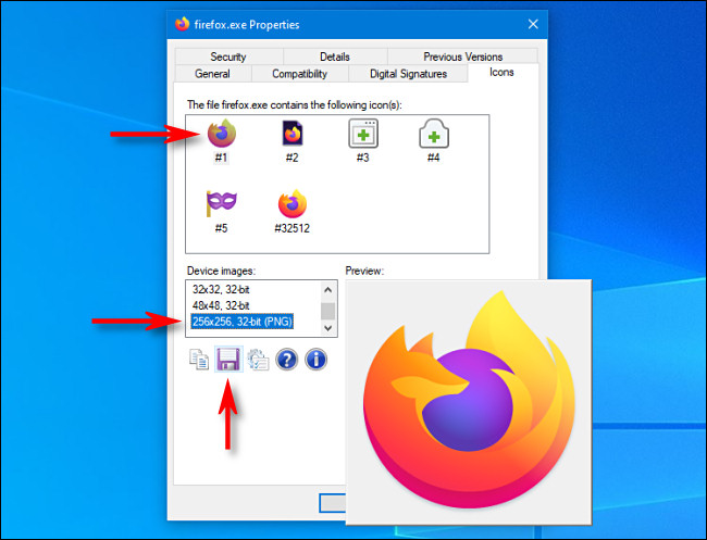 En la pestaña "Iconos" de IconViewer, seleccione el icono, seleccione el tamaño del icono y luego haga clic en el icono de guardar.