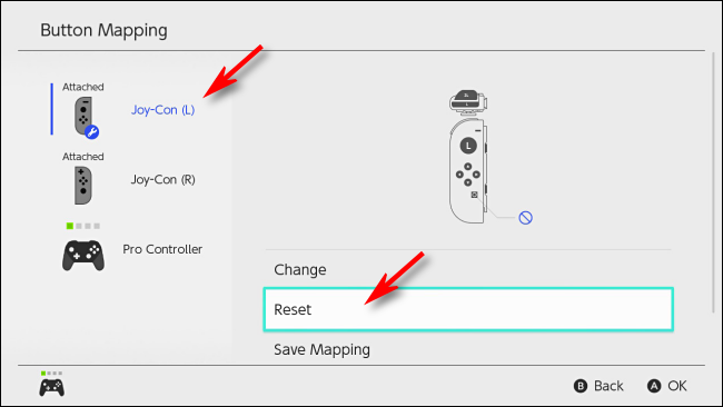 Seleccione Restablecer para restablecer la asignación de botones en Nintendo Switch