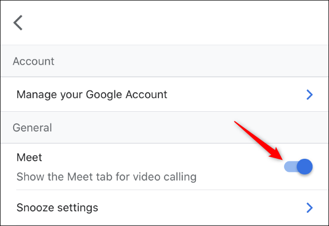 Alternar la pestaña Meet para videollamadas en Gmail en iPhone.