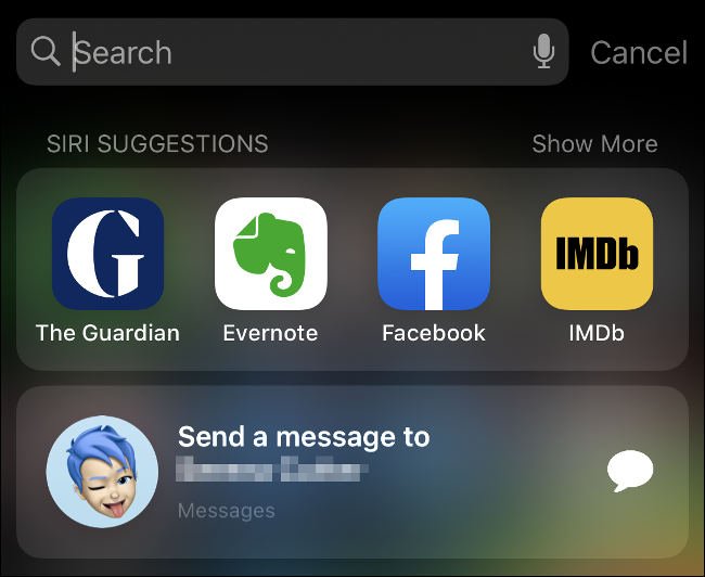 La barra de búsqueda que muestra "Sugerencias de Siri" en iOS 13.