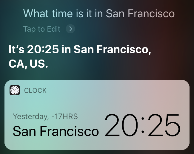 Resultados de Siri que muestran qué hora es en San Francisco.