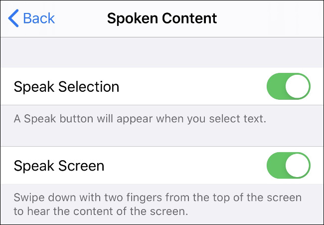 El menú "Contenido hablado" en iOS.