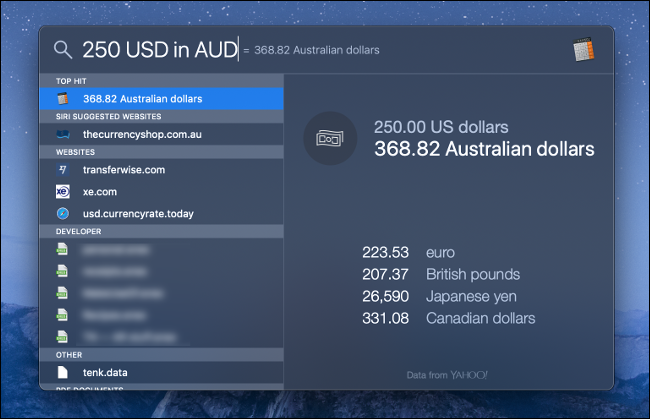 Una búsqueda destacada de macOS para la conversión de moneda.