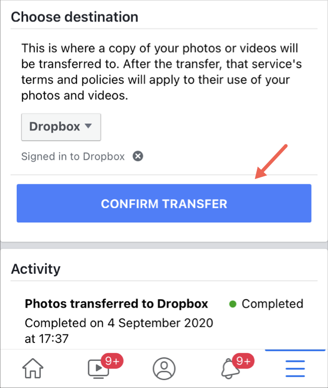 Iniciar la transferencia de fotos y videos en la aplicación de Facebook