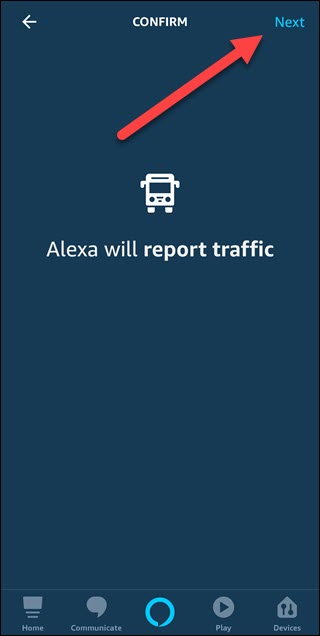 Opción de confirmación de tráfico con la flecha apuntando al botón siguiente.