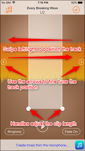 La interfaz controla el posicionamiento de la pista y la longitud del clip.