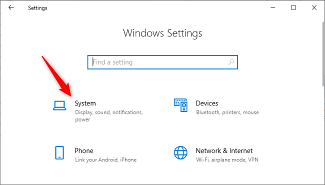 Hacer clic en el icono "Sistema" en la configuración de Windows 10.