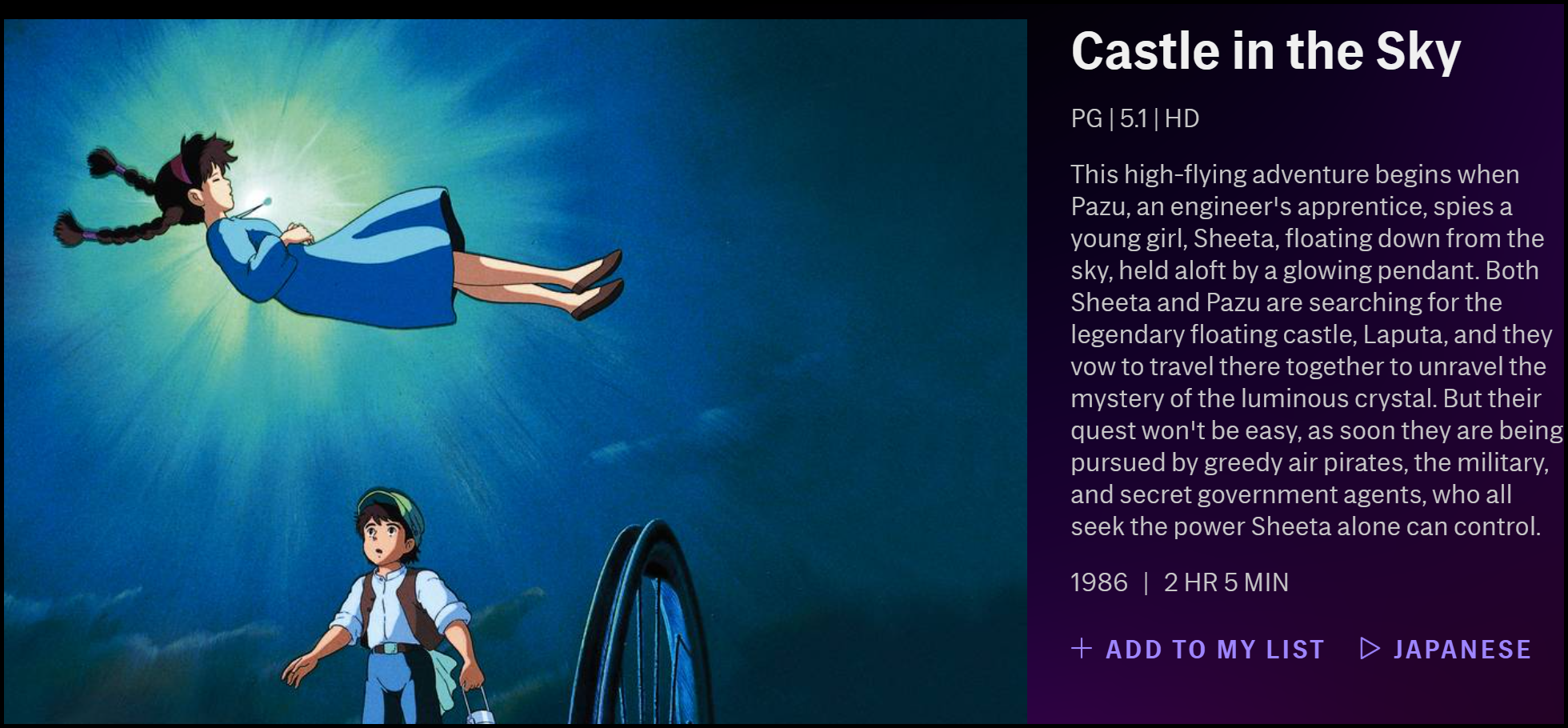 La descripción de "Castle in the Sky" en HBO Max.