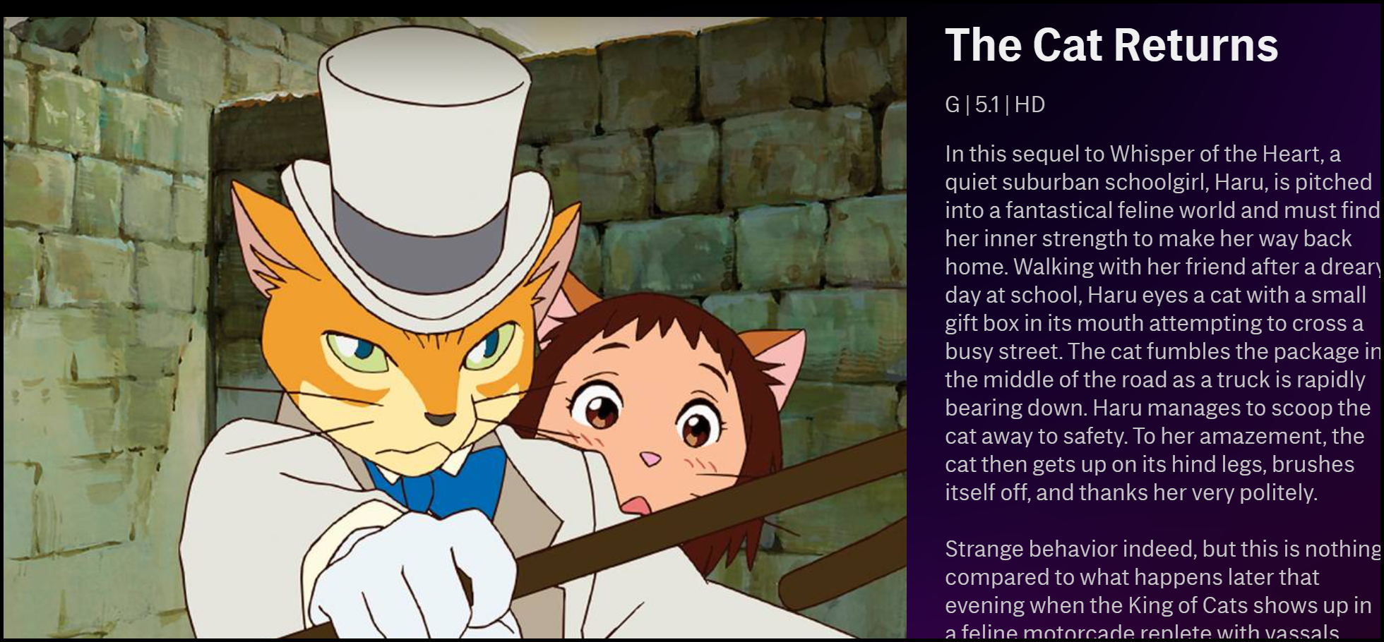 La descripción de "The Cat Returns" en HBO Max. 