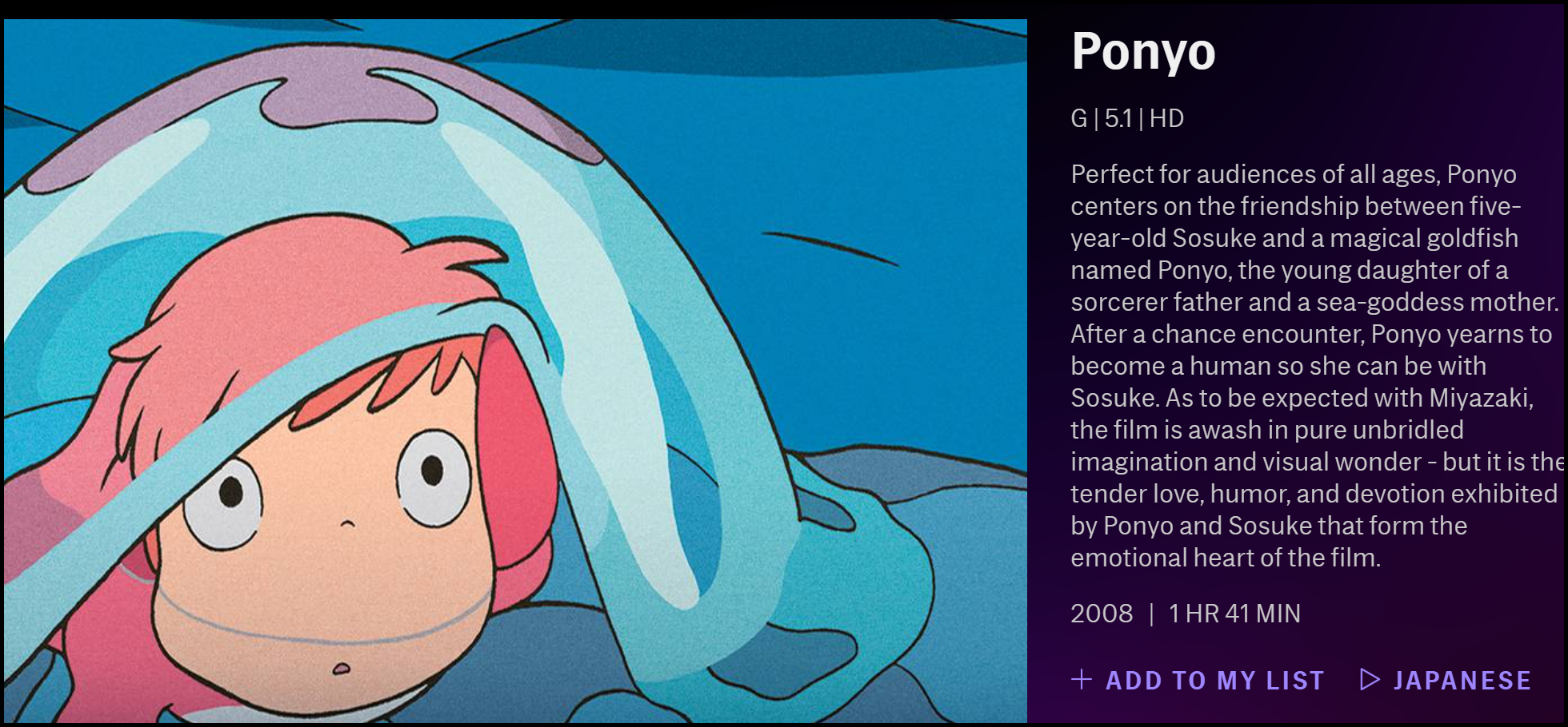 La descripción de "Ponyo" en HBO Max.