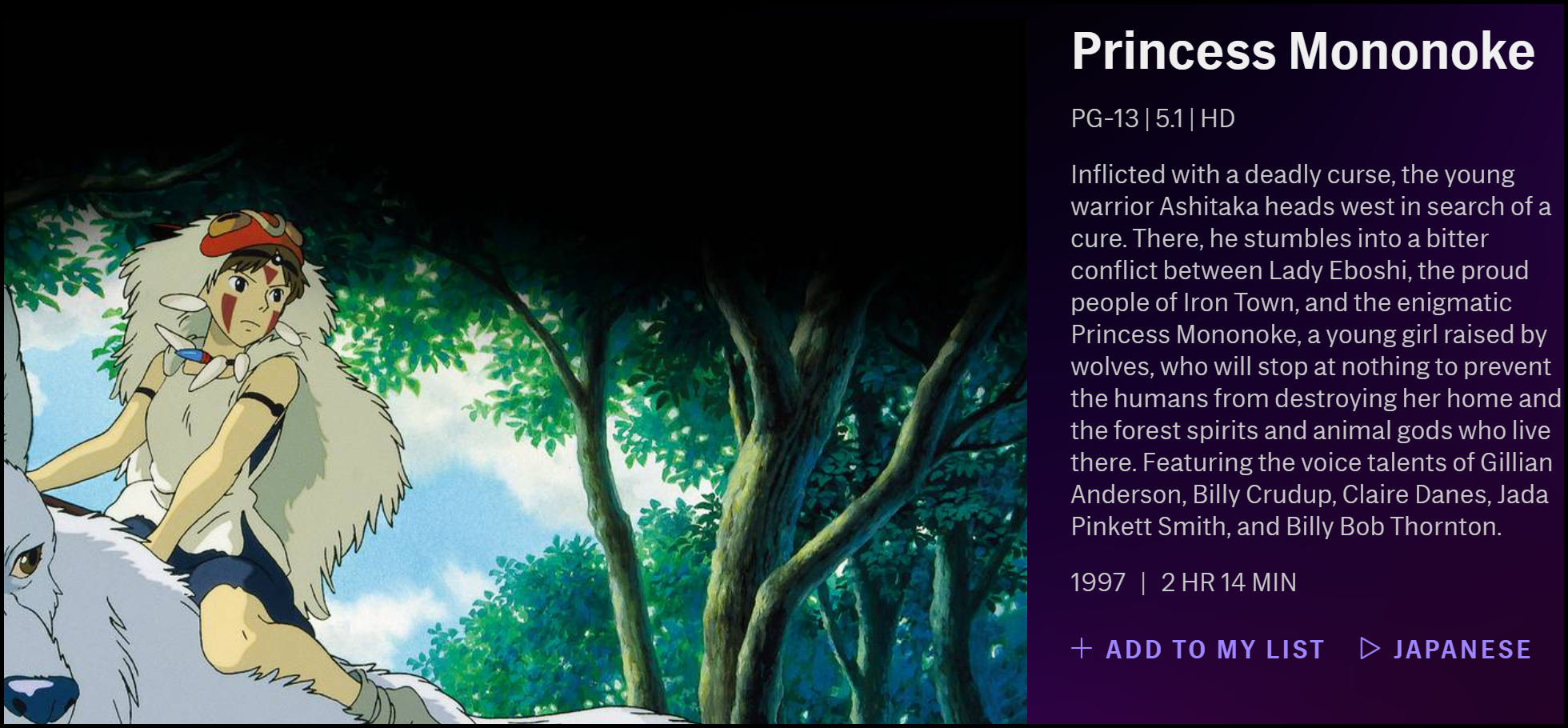 La descripción de "Princess Mononoke" en HBO Max.