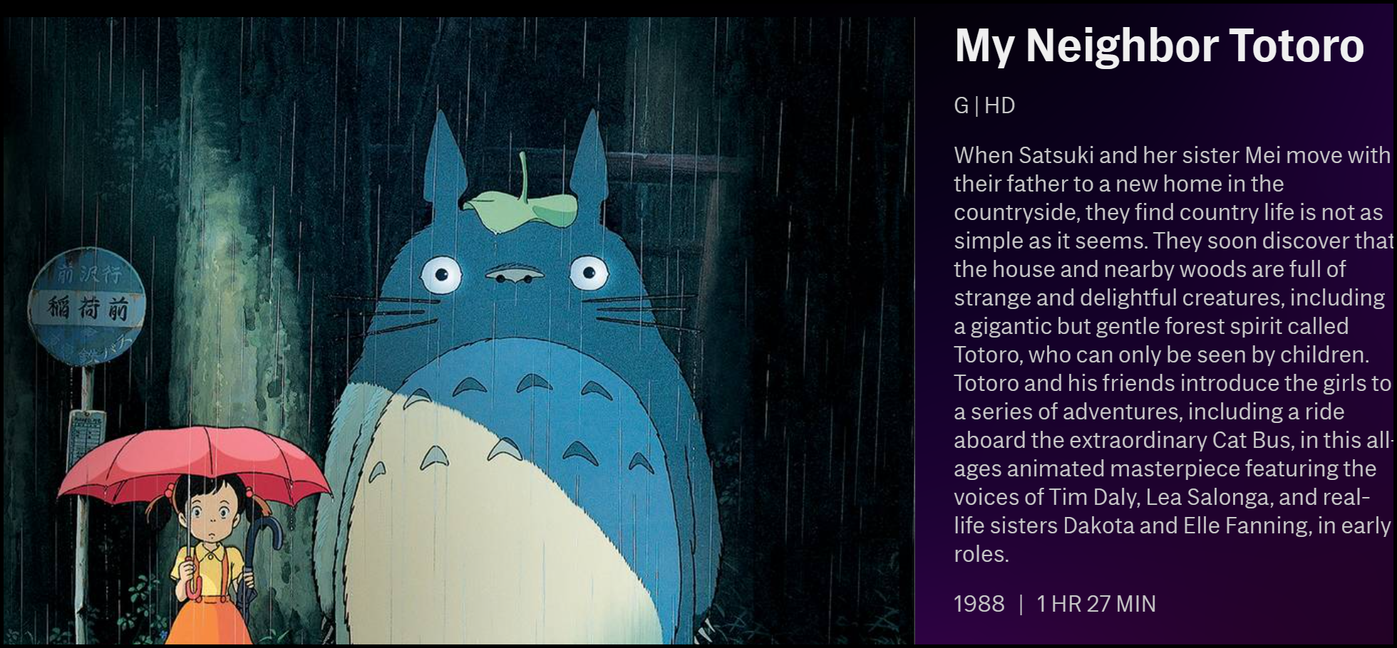La descripción de "Mi vecino Totoro" en HBO Max.