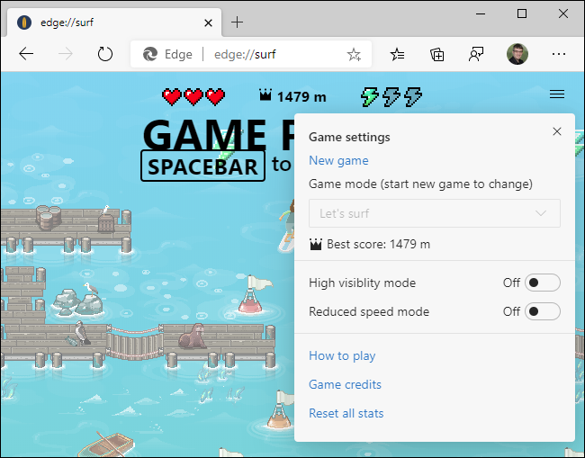 Configuración del juego en el juego secreto de surf de Edge