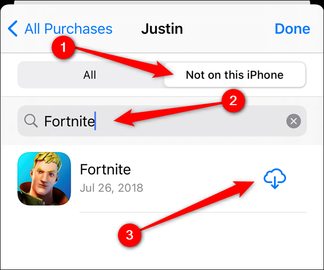 Cambie a la pestaña "No en este iPhone", busque "Fortnite" y luego seleccione el botón Descargar