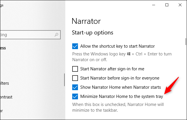 Las opciones del Narrador de Windows 10 se refieren a una "bandeja del sistema".